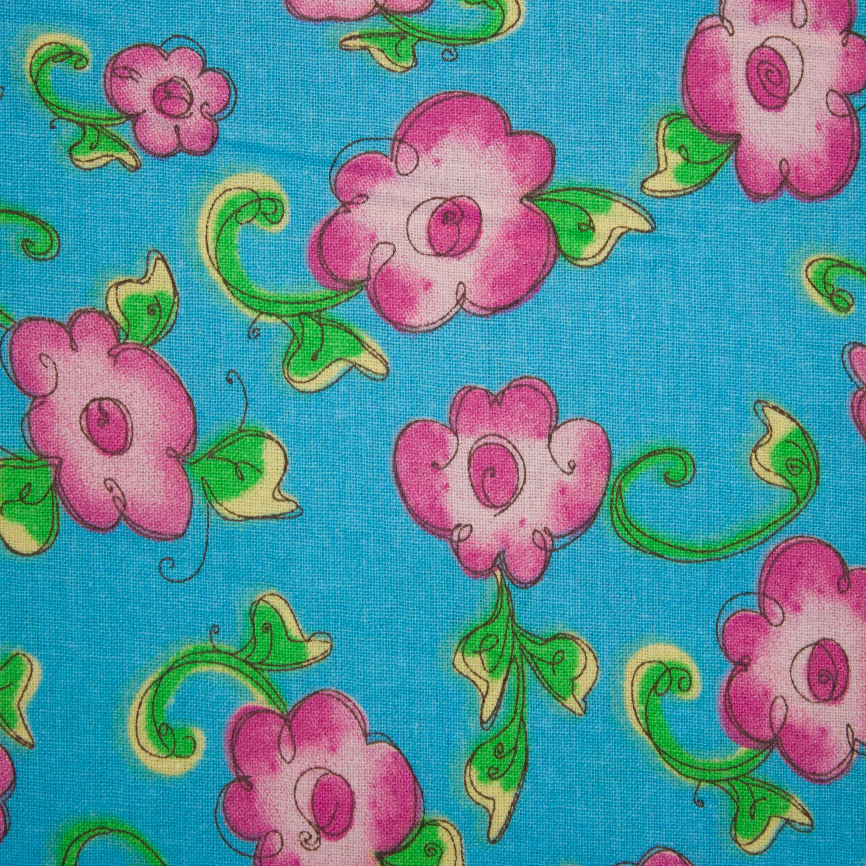 Katoen blauw met roze bloemen